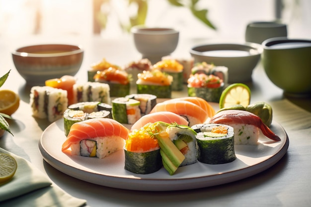 A plate of sushi with a variety of different flavors