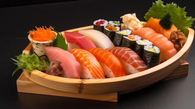 A plate of sushi with a variety of different types of sashimi.