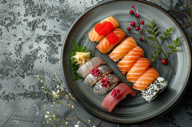 Photo a plate of sushi with a variety of different types of sushi on it free space for text