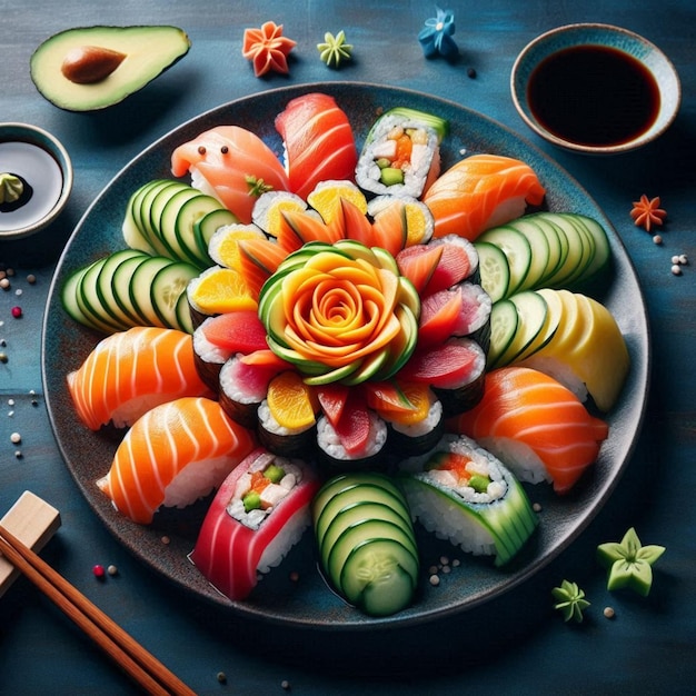 Photo a plate of sushi with a variety of different types of sushi