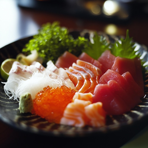 Photo a plate of sushi with a variety of sushi on it