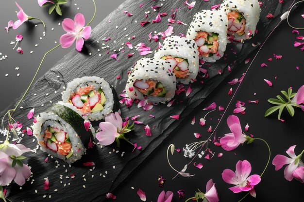 Photo a plate of sushi with a variety of vegetables and flowers on top