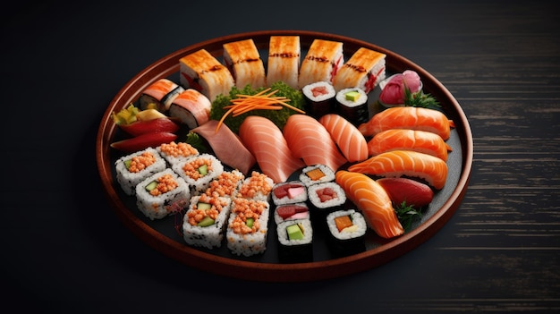 A plate of sushi with the word sushi on it