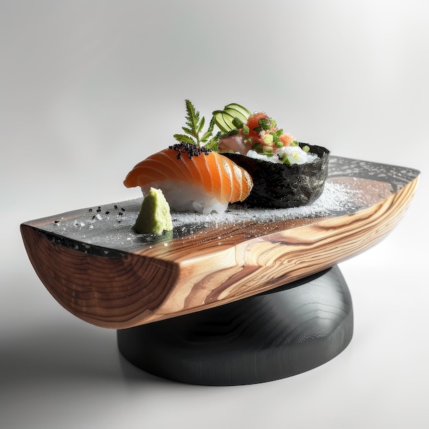 Photo a plate of sushi on a wooden stand