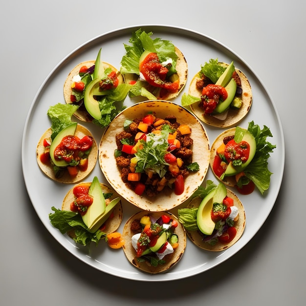 a plate of taco chips with avocado and avocado on it