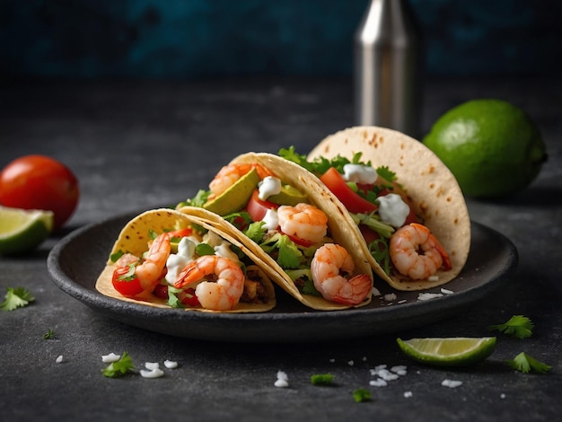 Photo a plate of taco and tacos with a bottle of wine behind it