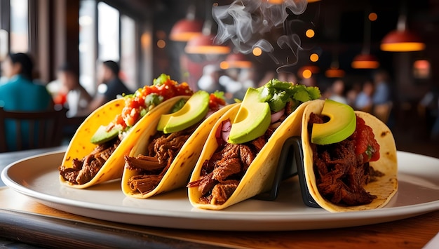 a plate of taco tacos with a smoke coming out of it