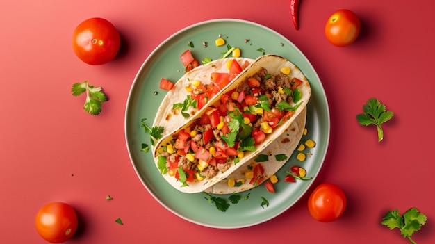 a plate of taco tomatoes and tomatoes on a red table