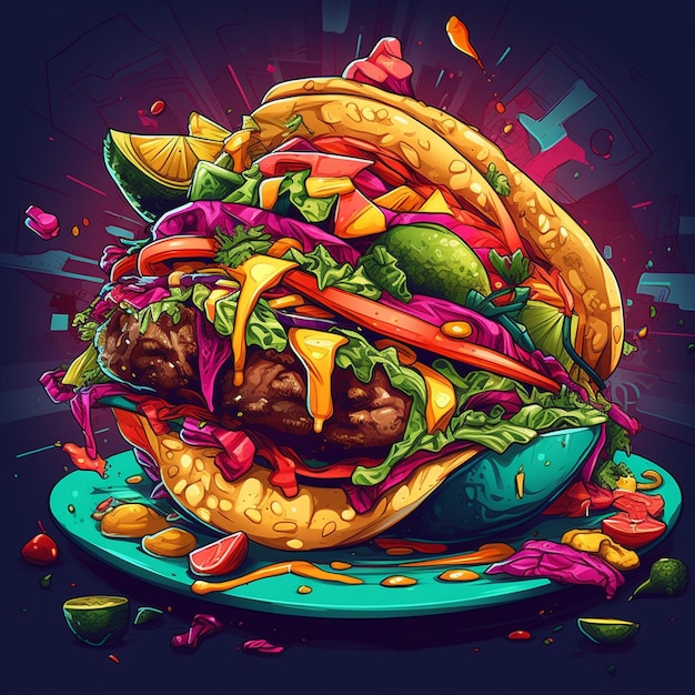 plate of tacos rendered in striking colors and bold outlines