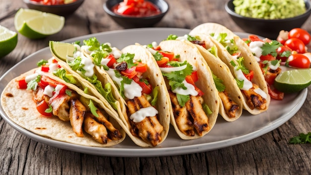 a plate of tacos with chicken and lettuce