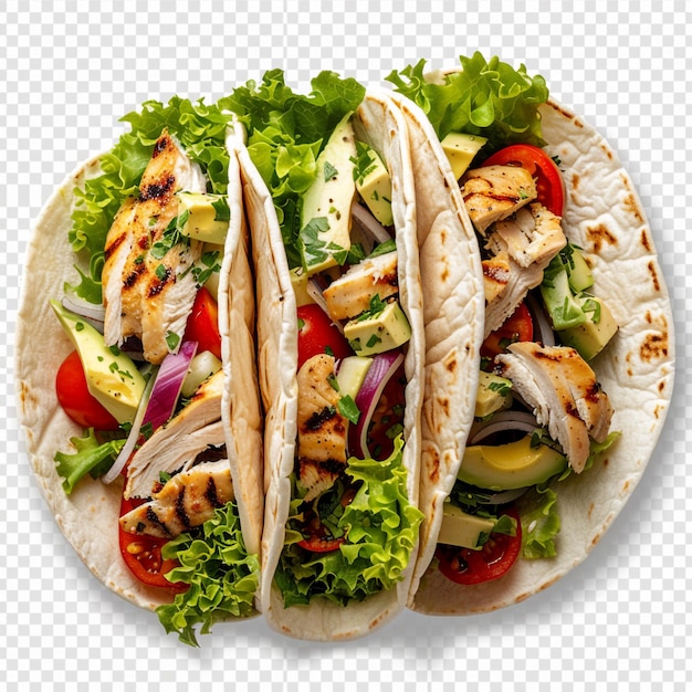 a plate of tacos with a picture of a chicken and vegetables