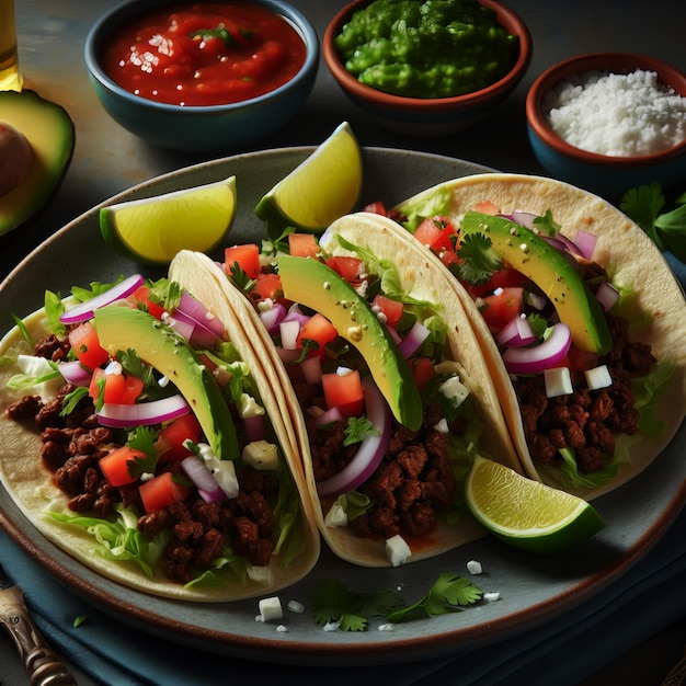 a plate of tacos with a variety of ingredients including avocado avocado and avocado