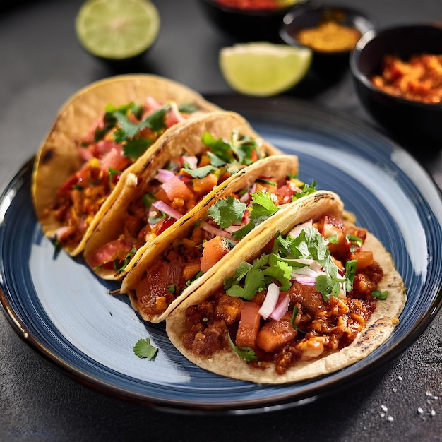 a plate of tacos with a variety of ingredients including guacamole and salsa