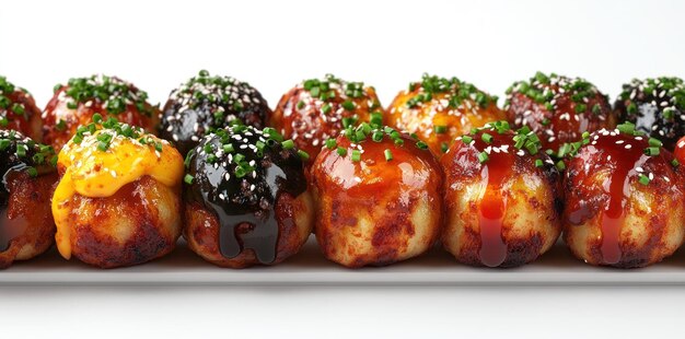 A Plate of Takoyaki with Various Toppings