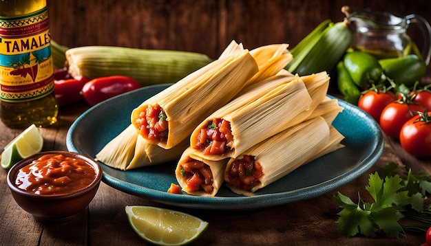 A plate of tamales served with a side of tangy salsa fresca