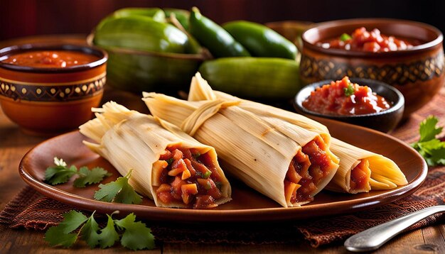 A plate of tamales served with a side of tangy salsa fresca