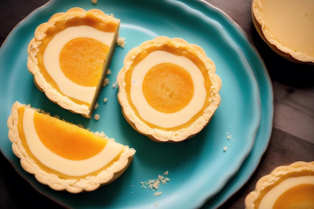 A plate of tarts with a slice of custard on top