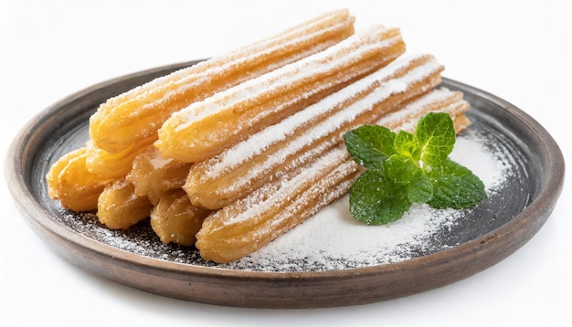 Plate of tasty churros with sugar powder Traditional Spanish pastry Delicious dessert