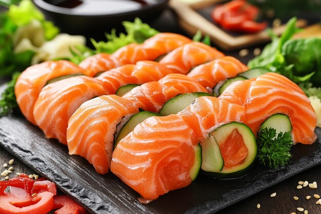 Photo plate of tasty crab and salmon sushi rolls