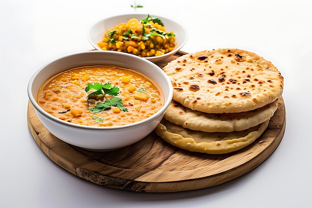 Plate of tasty Daal Baati Churma with on white background