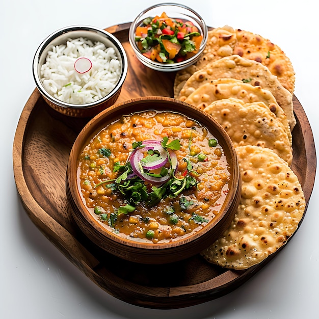 Plate of tasty Daal Baati Churma with on white background