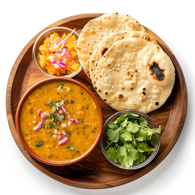 Plate of tasty Daal Baati Churma with on white background