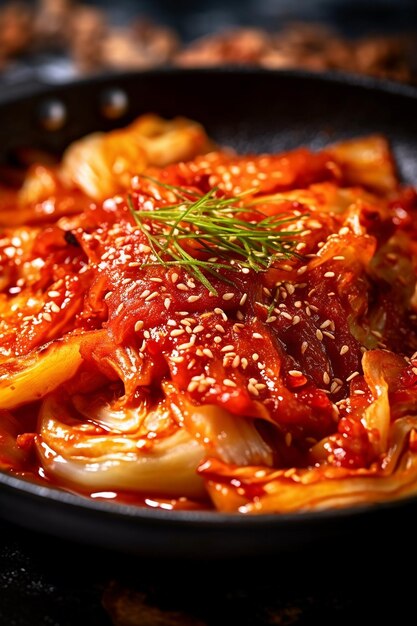 Photo a plate of tasty korean kimchi with a green garnish on top