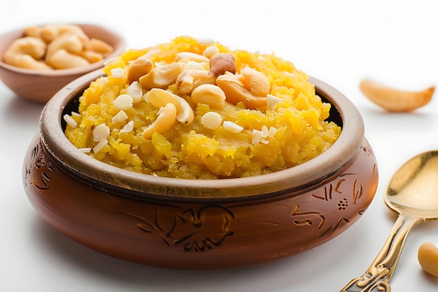 Plate of tasty Moong Dal ka Halwa with on white background