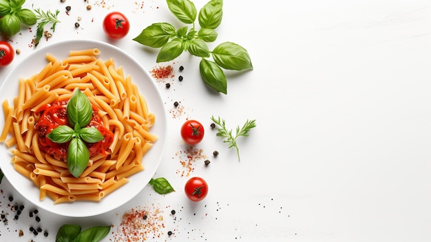 Plate of tasty pasta with tomato sauce and basil on white table with copy space