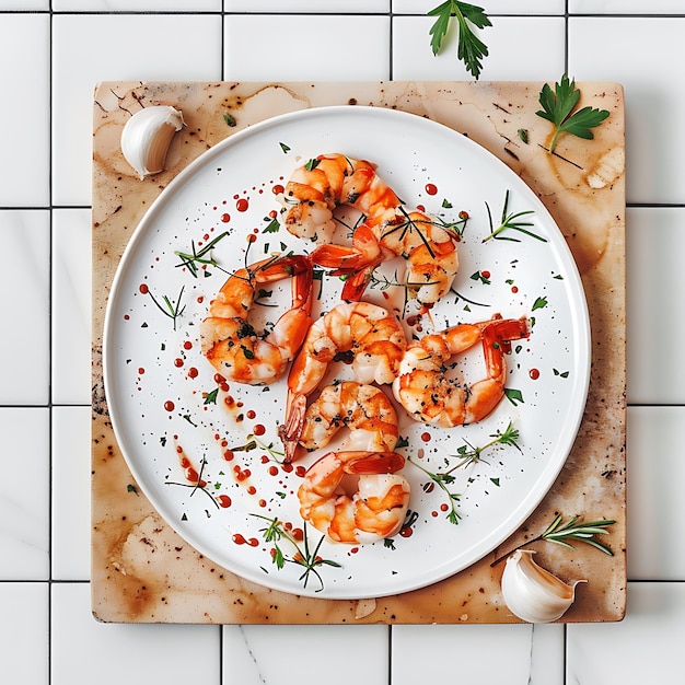 Photo plate of tasty shrimp with on white background