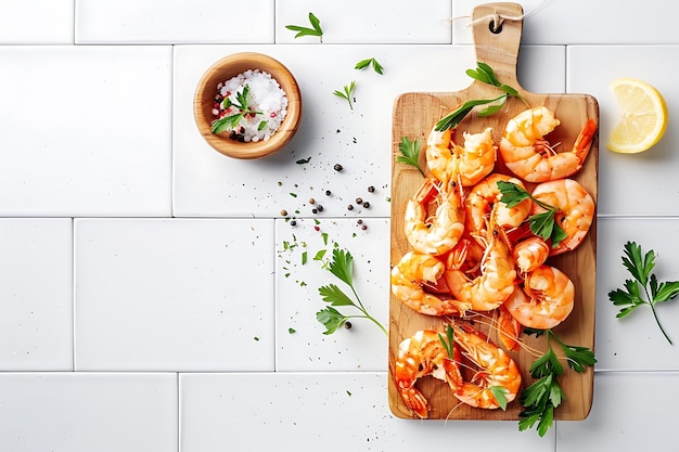 Photo plate of tasty shrimp with on white background