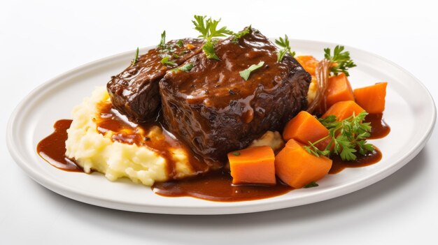 Plate of tender braised short ribs served with mashed sweet potatoes