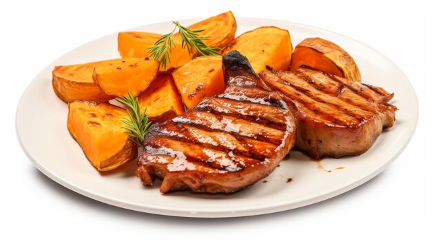 Plate of tender grilled pork chops with apple cider glaze