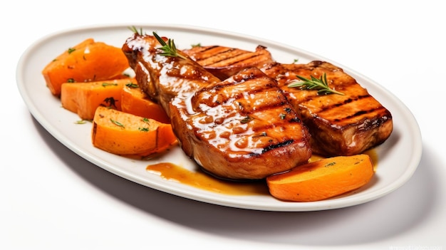 Plate of tender grilled pork chops with apple cider glaze