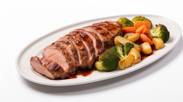 Plate of tender pork tenderloin with apple chutney served with roasted vegetables