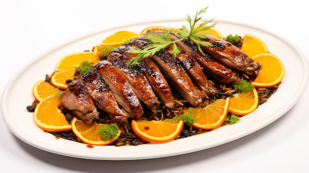 Plate of tender roasted duck with orange glaze served with wild rice