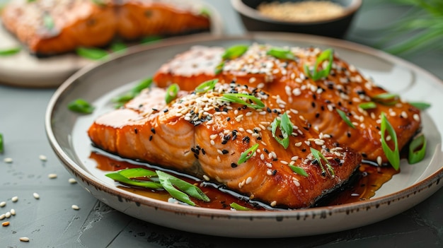 A plate of teriyaki glazed salmon with sesame seeds and scallions