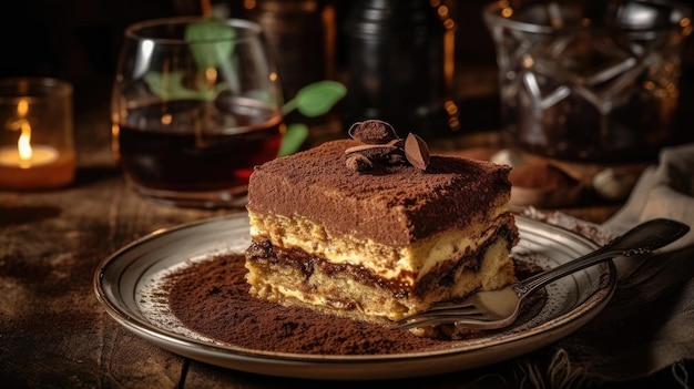 A plate of tiramisu cake with chocolate on it