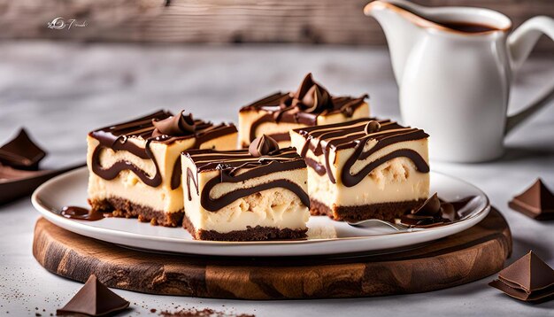 A plate of tiramisu cheesecake bars with chocolate ganache swirls