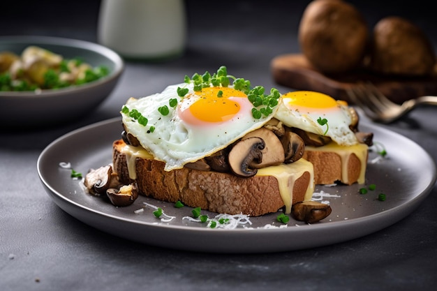 A plate of toast with mushrooms and eggs on it