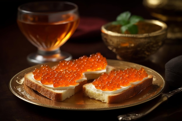 A plate of toast with red caviar on it.