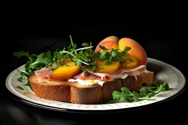 A plate of toast with a sandwich on it and a slice of bread with peaches on it.