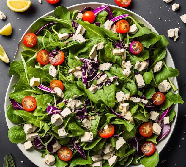 A plate of tofu salad with a red sauce and tofu on it