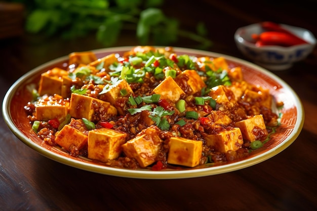 A plate of tofu with green onions and red chili sauce