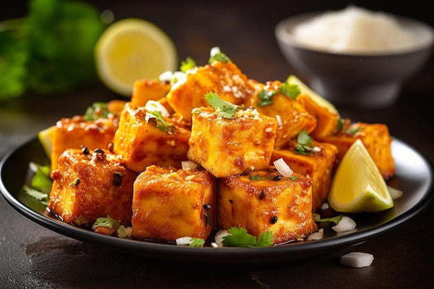 A plate of tofu with limes on the side