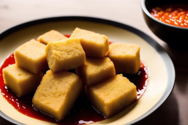 A plate of tofu with sauce on it