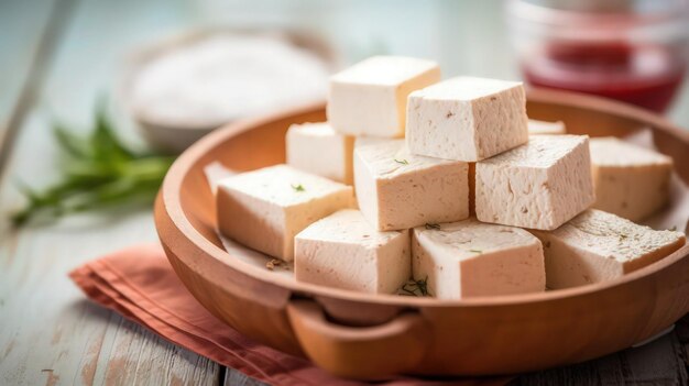 Photo a plate of tofu with a spoonful of herbs on it