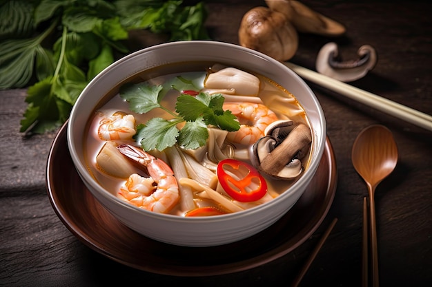 Plate of tom yam soup with shrimp straw mushrooms and lemongrass created with generative ai