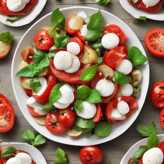 a plate of tomatoes cheese and basil are on a table