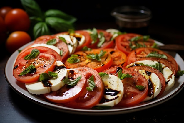 A plate of tomatoes and mozzarella on a table AI